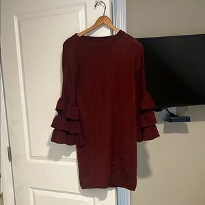 Elegant Burgundy Ruffle Sleeve Dress